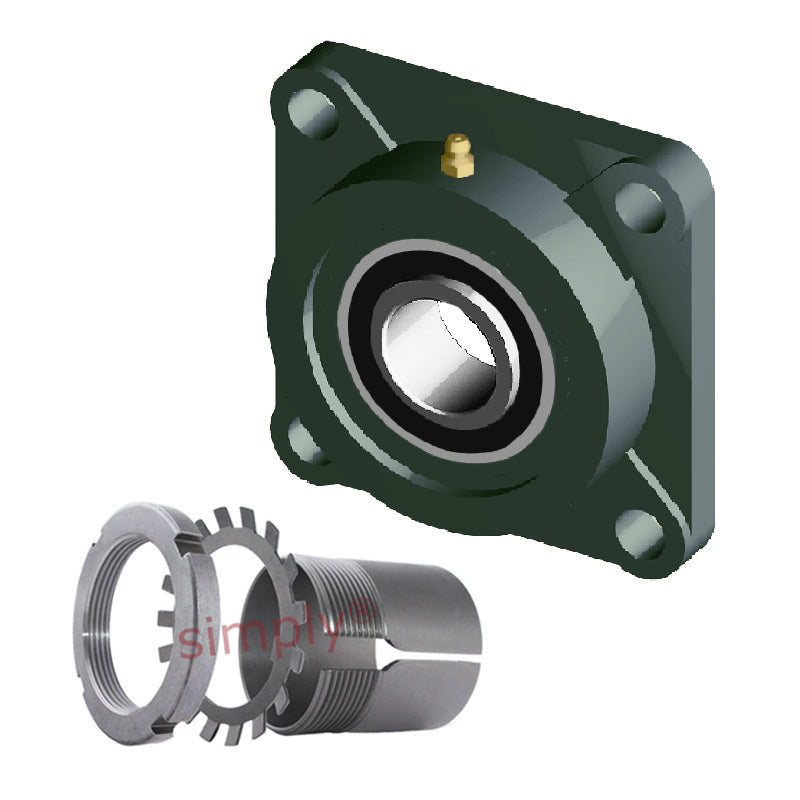 NTN UKF216D1/HE2316X Imperial Four Bolt Square Cast Iron Housing Insert and Adaptor Sleeve Fits 2-3/4 inch Shaft - Allow 2-3 Days